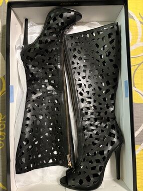 Black Laser-Cut Peep-Toe Stiletto Booties